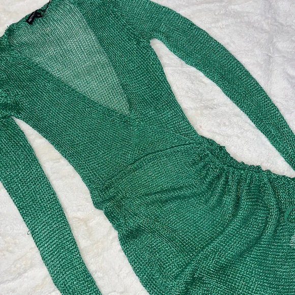 Green Metallic Knitted Wrap Front Dress - Picture 6 of 7